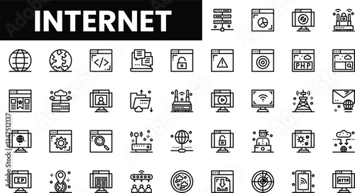 A collection of internet-related icons in black and white on a clean background.