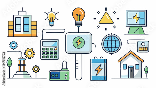 electricity service lcon set line style icons representing electric meter power plant light bulb energy savings battery charging electrical wires solar panel, circuit,electrical socket power outage,el