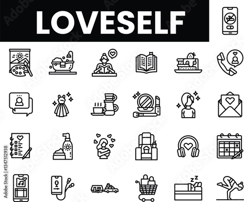 A collection of icons symbolizing self-love, self-care and wellness practices.