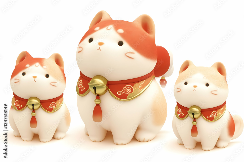 Three Cute Cartoon Cats In Different Sizes With Red Detail Three Cute Cartoon Cats In Different Sizes With Red Detail