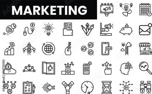 Collection of monochrome marketing icons representing various digital strategies.