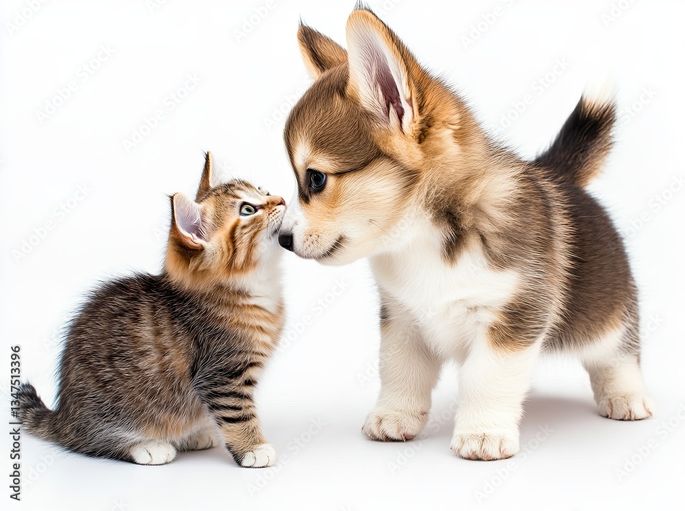 Obraz premium A playful interaction between a cat and a dog, set against a white backdrop