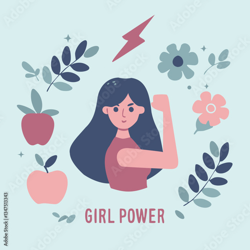 Strong Woman, Winning, Success Visual. Girl Power Life Goals Concept. Young Girl with Arm Flexed Vector Illustration
