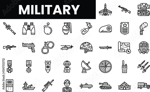 A collection of military icons in a minimalistic black and white design.