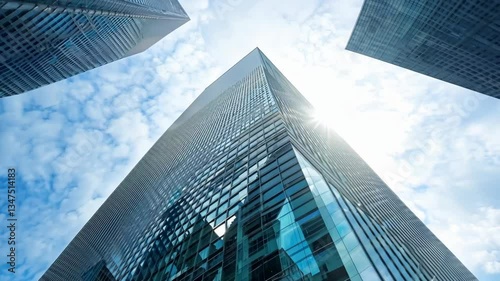 Modern business office tower viewed from a low angle against a bright sky in an urban cityscape
