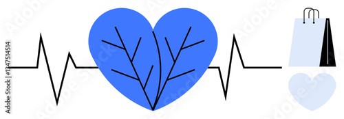 Heartbeat line connects to a blue heart with veins, shopping bags, and a pale heart. Ideal for health, sustainability, eco-commerce, cardiology, lifestyle, conscious consumption flat simple metaphor