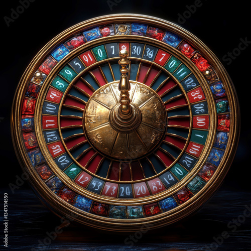 A moving roulette wheel with alternating red and black pockets, a green zero pocket, and numbers from 1 to 36 Set in an elaborate golden frame, the image captures the elegance associa - AI-Generated photo