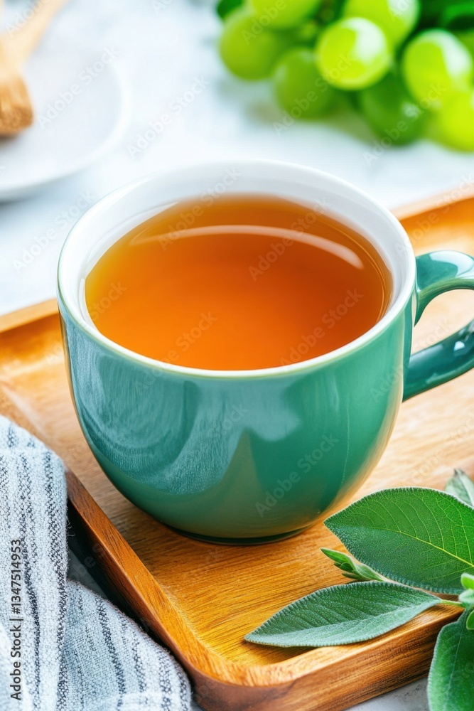 Cozy morning relaxation with herbal tea and fresh grapes on a wooden tray in soft natural light Cozy morning relaxation with herbal tea and fresh grapes on a wooden tray in soft natural light