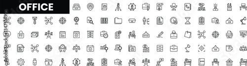 A collection of minimalist office icons depicting various workplace elements.