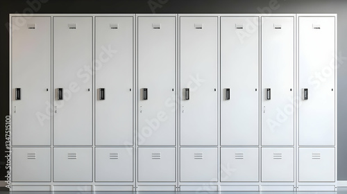 Row Of White Metal Lockers Against Dark Gray Wall