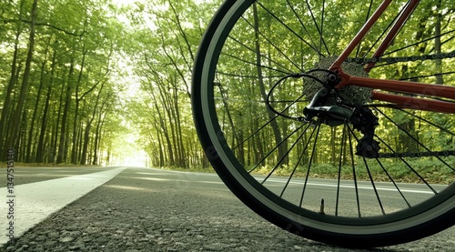 Road Bike Wheel Closeup on Asphalt Path Through Forest with Green Trees and Sunlight, Low Angle