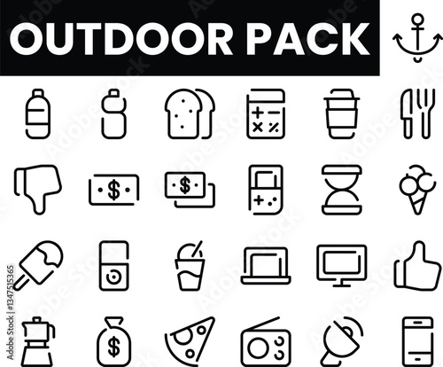 Various outdoor icons illustrating activities and essential items in a minimalist design.