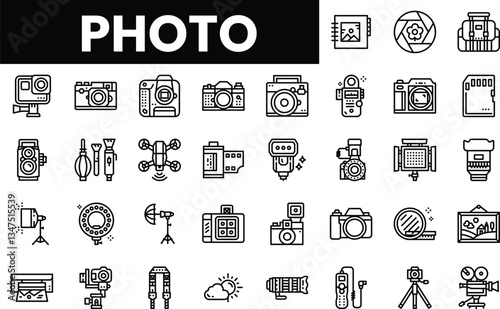 A collection of photography-related icons in a minimalist style.