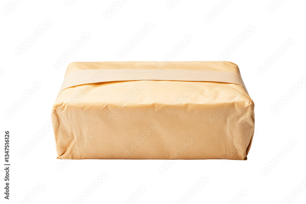 Wrapped package for gifting, tan paper wrapped box, cut out transparent Wrapped package for gifting, tan paper wrapped box, cut out transparent