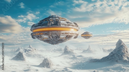 Spaceships are flying above a frozen and snowy alien landscape