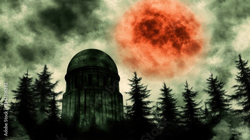 An ominous scene depicting a dark observatory and giant moon