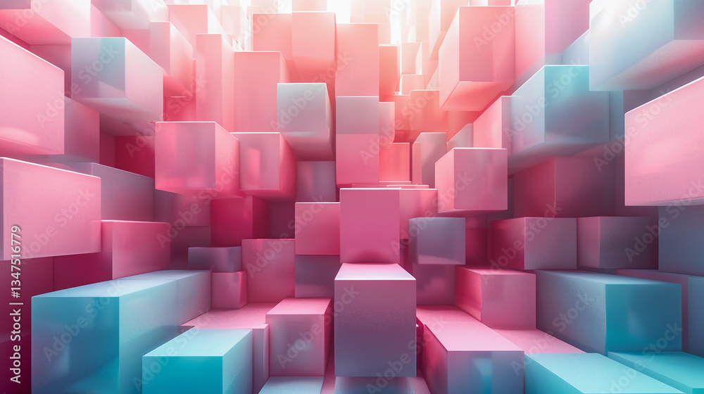 Abstract Pink and Blue Cubes Ascending with Subtle Light Effect Abstract Pink and Blue Cubes Ascending with Subtle Light Effect