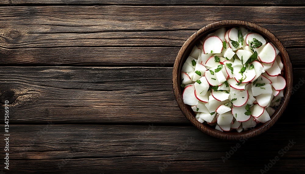Radishes in bowl on wooden surface, food for cooking Radishes in bowl on wooden surface, food for cooking
