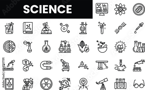 An array of science-themed icons showcasing various fields and experiments.