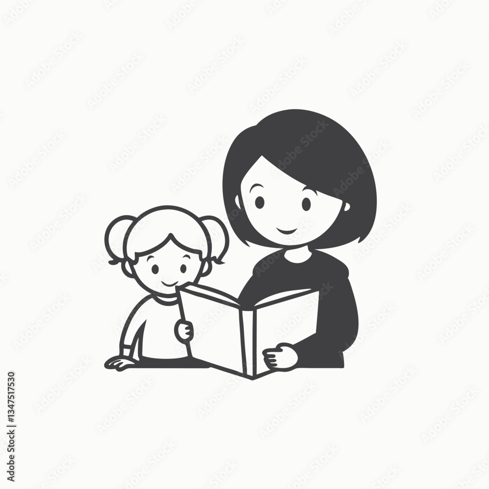 Hand drawn reading silhouette. read books in black and white background. Children reading book logo design vector illustration. Hand drawn reading silhouette. read books in black and white background. Children reading book logo design vector illustration.