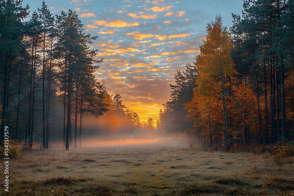 Fototapeta premium Sunrise illuminates a misty forest clearing with vibrant autumn colors in a tranquil setting