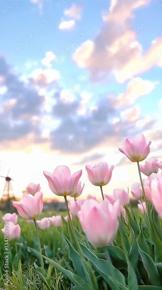 Obraz premium Pink Tulips Field Vibrant Sky Spring Nature Photography