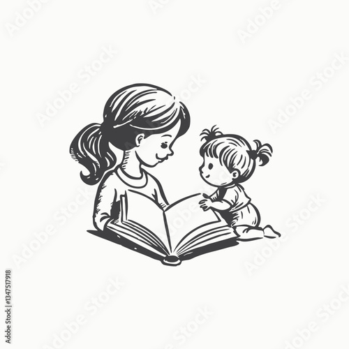 Teacher reading big book to a young little students. Flat style Vector Hand Drawn Illustration Isolated On Transparent Background