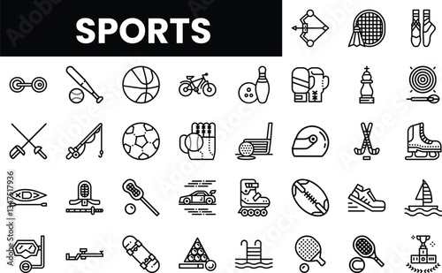 A variety of sports icons in a minimalist line art style.