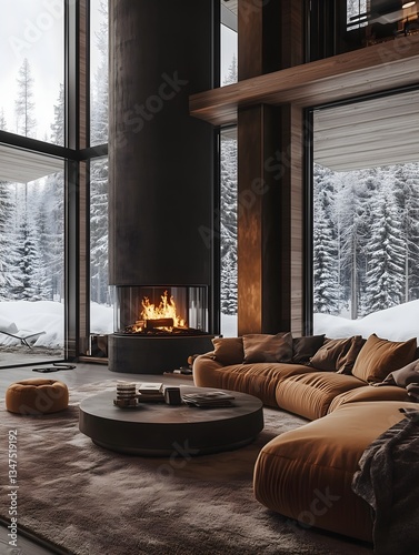This spacious living room features a modern design with a central fireplace, large windows showcasing snow-covered pines, and warm, inviting furnishings perfect for relaxation.