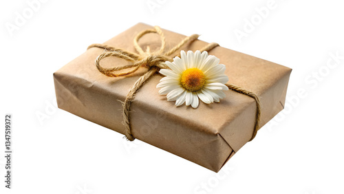 gift box with daisy flower isolated on transparent background, PNG file