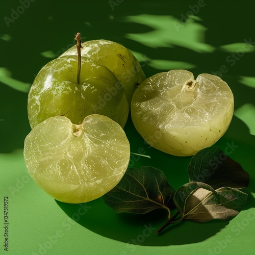 Fresh Indian gooseberries (amla) with glossy skin and detailed texture are placed on a green surface with soft shadows and leaves, illuminated by natural sunlight.