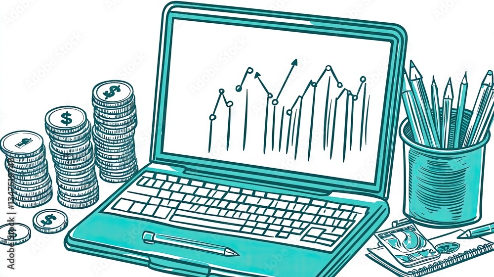 Business growth shown on a laptop screen with coins and office items for finance illustration and presentation Business growth shown on a laptop screen with coins and office items for finance illustration and presentation