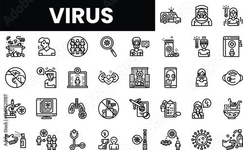 Line art icons illustrating virus-related concepts and healthcare themes.