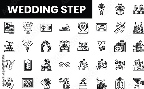Illustrated wedding planning icons featuring diverse celebrations and traditions.