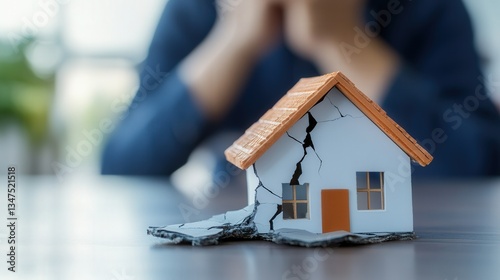 Miniature model of a cracked house on table, with blurred stressed person in background. Concept of housing crisis, natural disaster, insurance, financial loss, or real estate risk