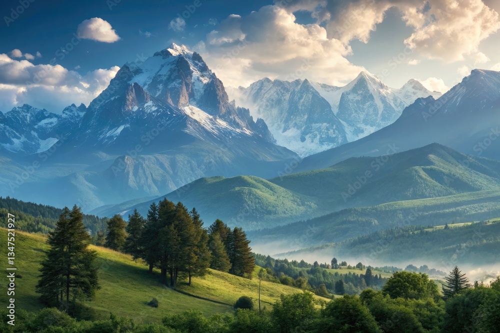 Fototapeta premium Stunning Mountain Landscape With Lush Greenery and Peaks Generative AI
