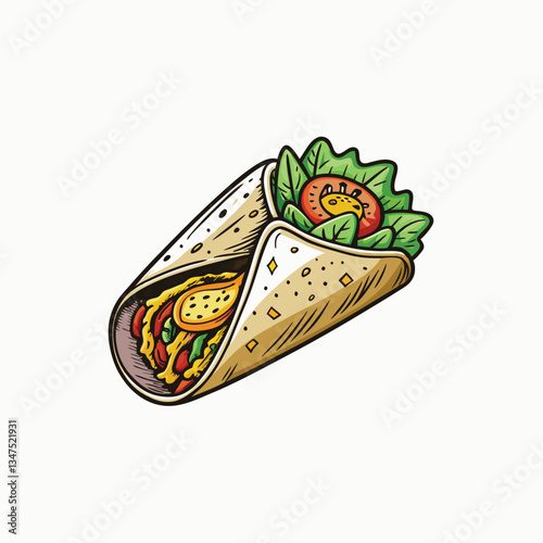 Set of Hand drawn shawarma illustration. Tasty wrap with tomatoes, pieces of pepper, meat and lettuce leaves for traditional mexican or arabic food