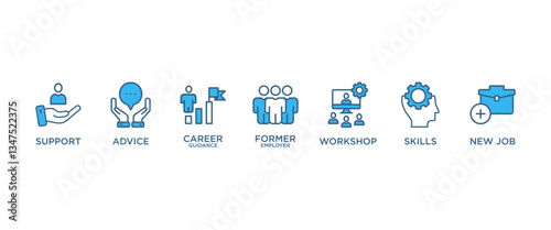 OUTPLACEMENT banner web icon vector illustration concept with icon of support, advice, career guidance, former employer, workshop, skills, new job, 