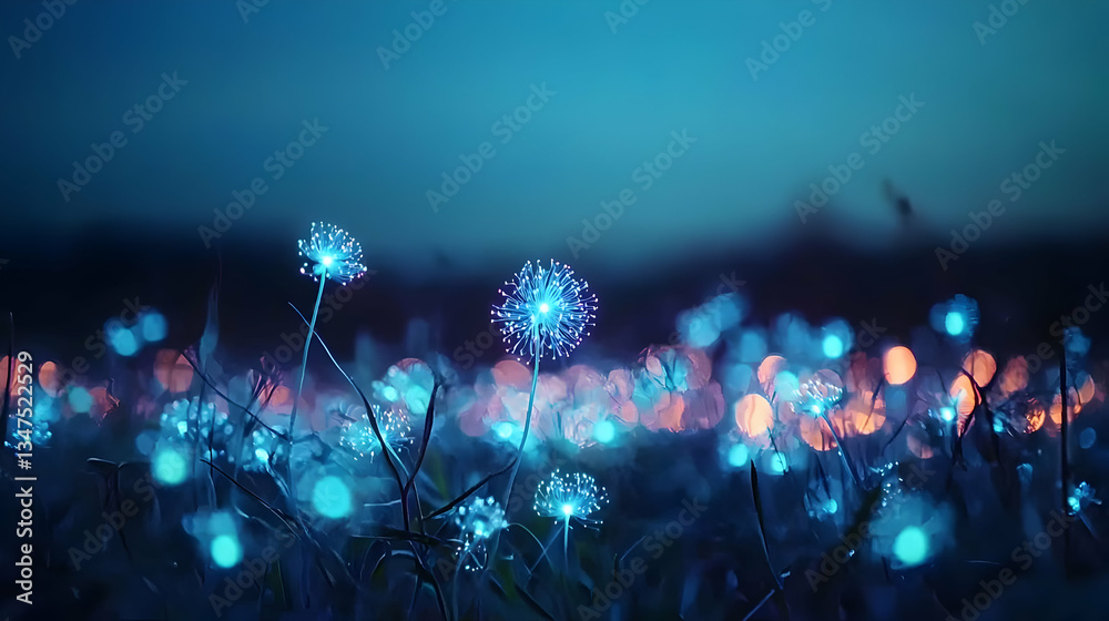 Glowing Dandelions In A Field At Night