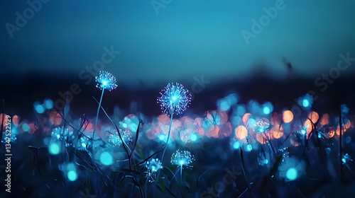 Obraz na płótnie Glowing Dandelions In A Field At Night w salonie