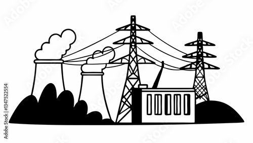 Power Plant Icon: A line-style illustration of a power plant with smokestacks, turbines, and power lines extending out, symbolizing the generation of electrical energy