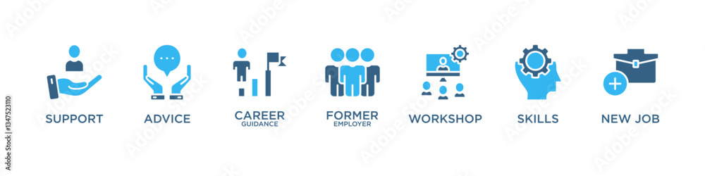 OUTPLACEMENT banner web icon vector illustration concept with icon of support, advice, career guidance, former employer, workshop, skills, new job, OUTPLACEMENT banner web icon vector illustration concept with icon of support, advice, career guidance, former employer, workshop, skills, new job,