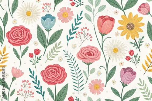 Wallpaper Mural Colorful Floral Pattern Featuring Various Flowers and Leaves Generative AI Torontodigital.ca