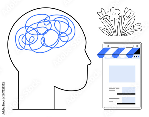 Human profile with tangled lines in brain, mobile storefront with blooming flowers. Ideal for mental health, mindfulness, creativity, online growth, ecommerce, positivity, flat simple metaphor