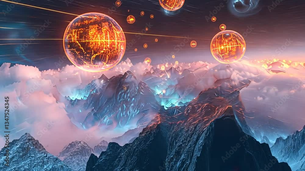 Leuchtende digitale Kugeln schweben in einer futuristischen Umgebung