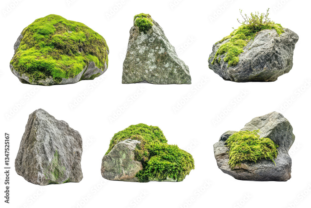 Serene mossy rocks resting peacefully against a bright white background showcasing nature's quiet strength and vibrant green life. Serene mossy rocks resting peacefully against a bright white background showcasing nature's quiet strength and vibrant green life.
