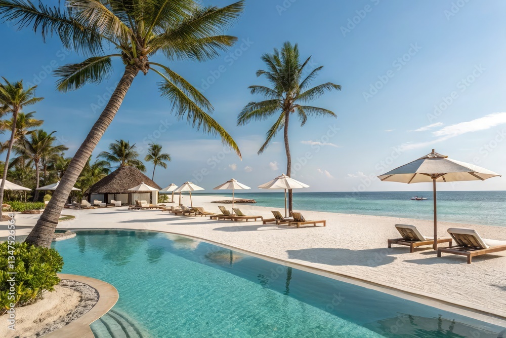 Luxury Beach Resort With Pool and Palm Trees in Tropical Paradise Generative AI Luxury Beach Resort With Pool and Palm Trees in Tropical Paradise Generative AI