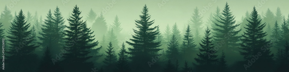 Fototapeta premium Serene dense forest of evergreen pine trees under soft green haze. Background design template. Design for prints, poster, cover, wall arts and home decoration