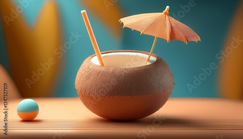 Soft 3D clay-style render of a tiny coconut drink with a straw and mini umbrella, cute and playful summer aesthetic, ideal for beverage branding, tropical ads, social media, and holiday graphics.
