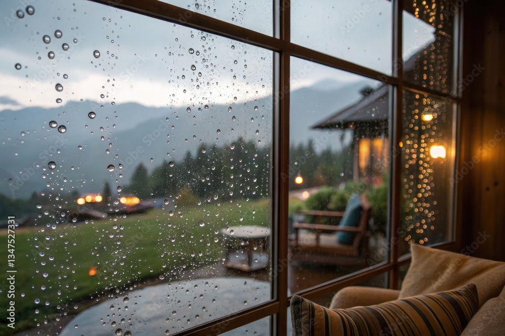 Fototapeta premium Rain Falling on Glass Window Overlooking Mountain Landscape Generative AI